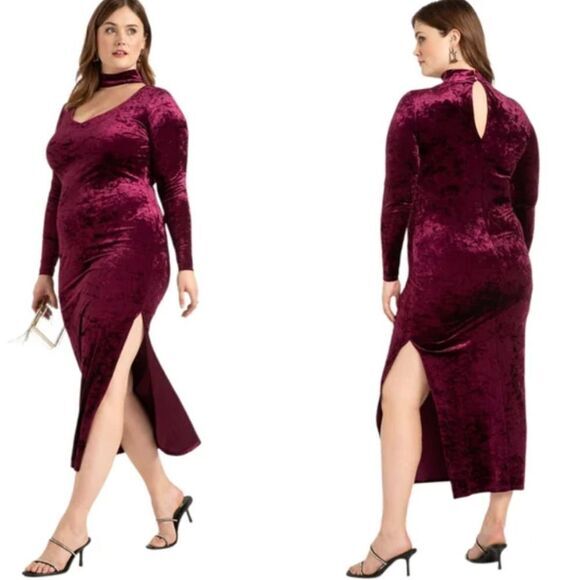 New Eloquii Velvet Pickled Beet Cut Out Long Sleeve Dress, 16